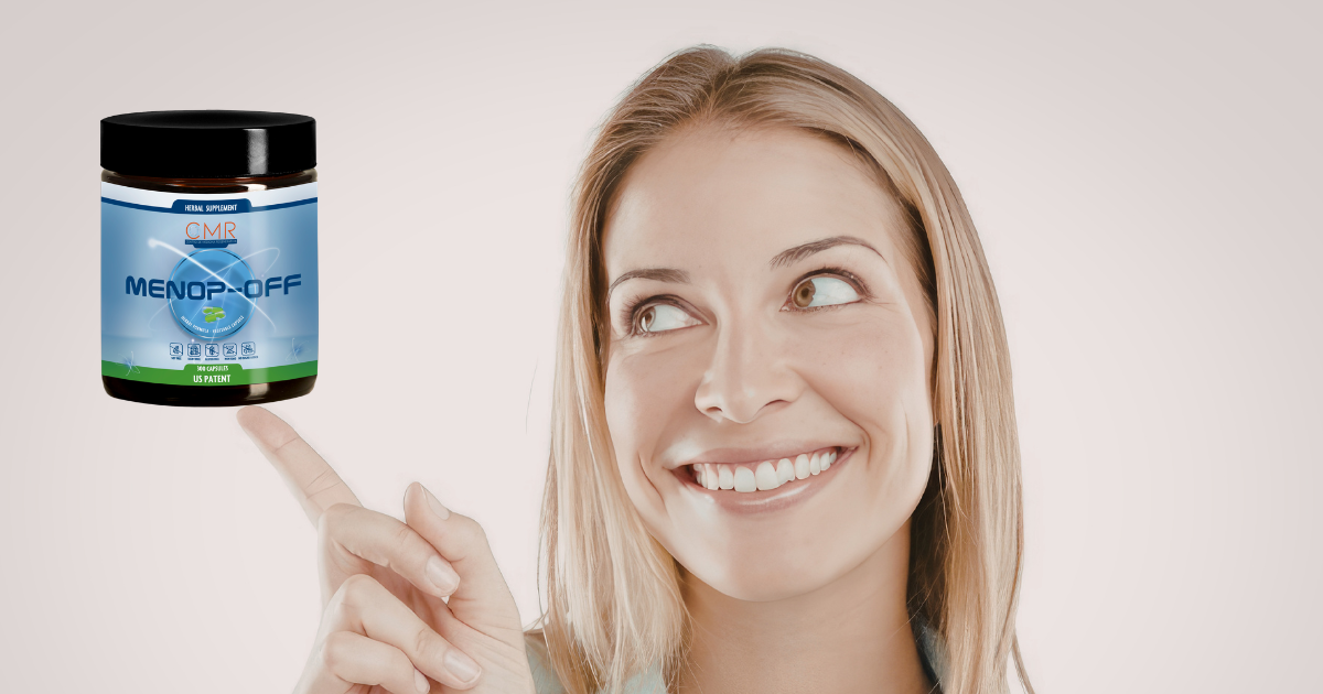 Mujer aliviando síntomas de menopausia con Menop-Off, suplemento natural de TiendaCMR